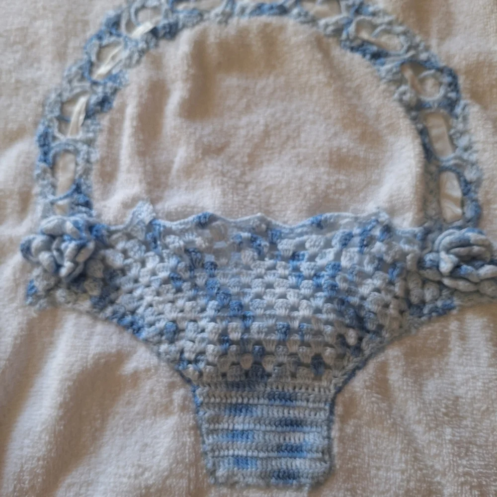 Hand Crafted Cream Bath Towel with Blue Crochet Basket Accent